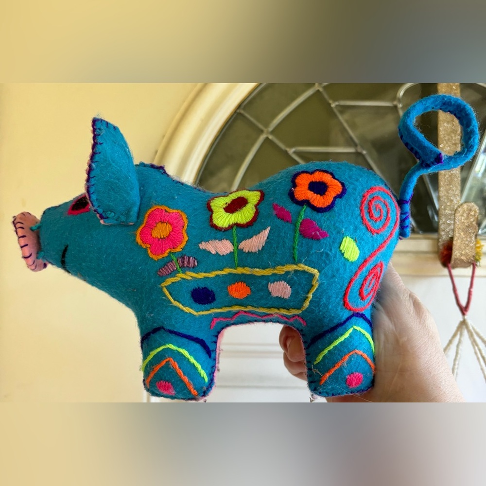 Handmade Stuffed Piggy Animal ,Felt & Floral